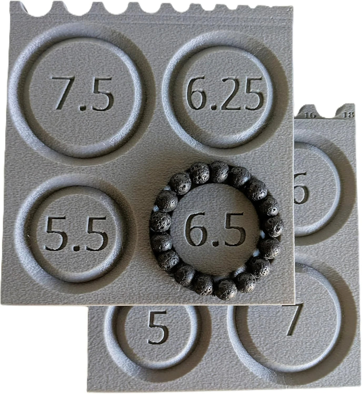 Gray AKBB2 double-sided bead board with built-in bead gauge and a sample bracelet