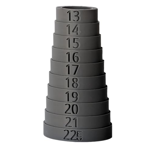 Gray oval bracelet sizer with metric markings from 13 cm to 22 cm in 1 cm steps