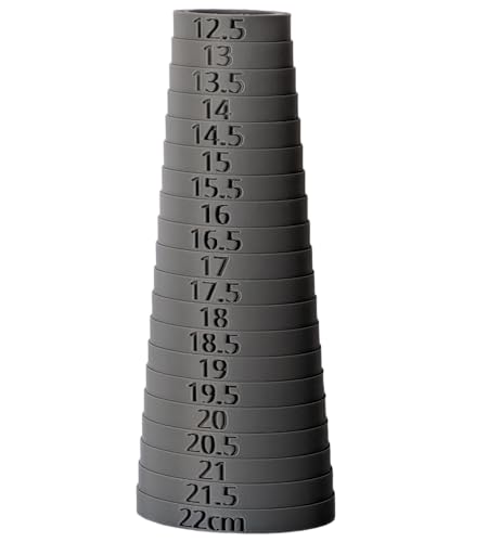 Gray oval bracelet sizer with metric markings from 12.5 cm to 22 cm in 0.5 cm steps